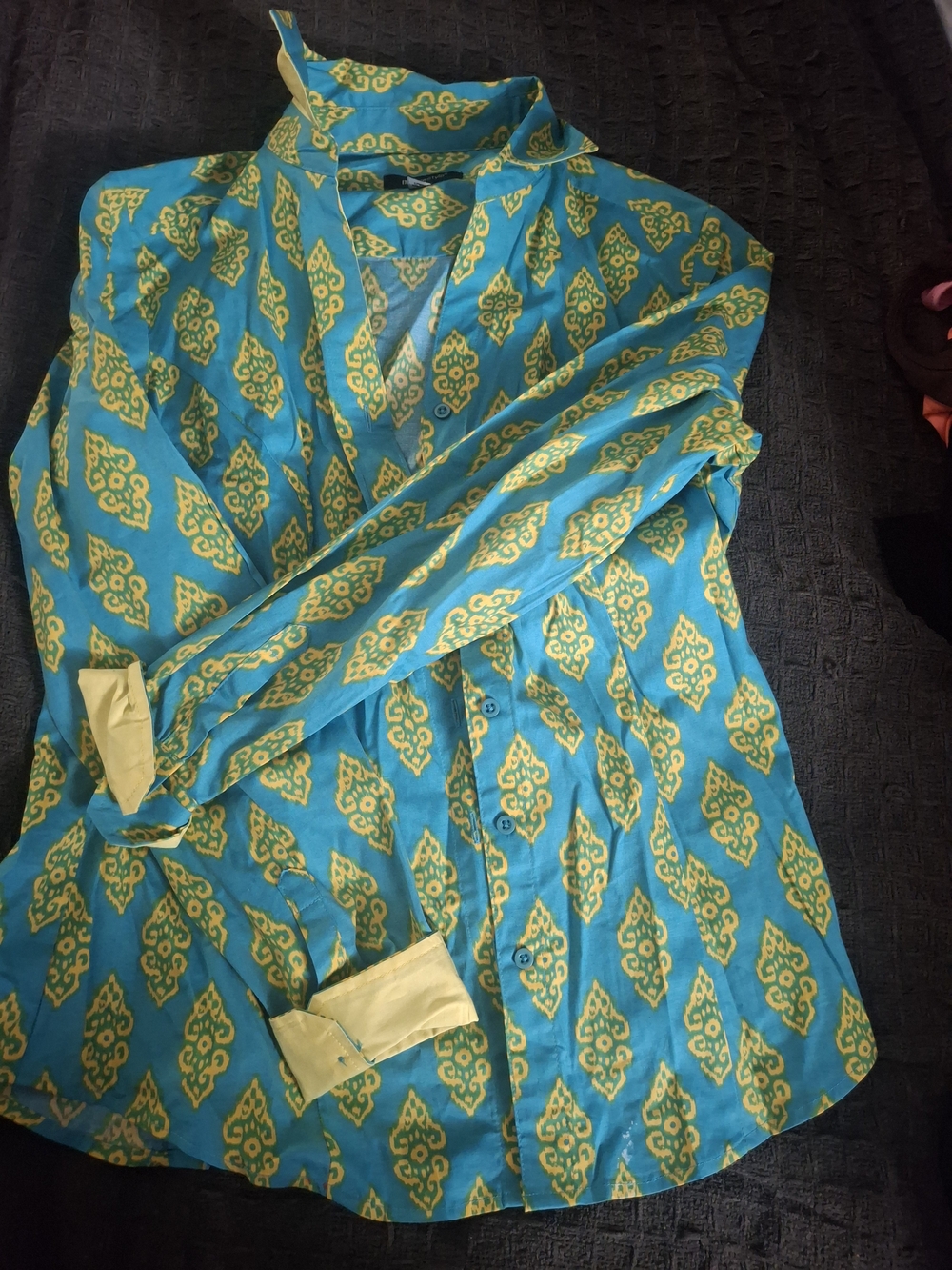 metrostyle Teal and Yellow Patterned Women's Blouse